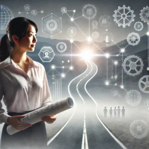 A confident woman engineer standing at a crossroads in a foggy landscape, holding a blueprint. Career growth symbols like gears and networking nodes emerge from the fog, illuminated by bright lights guiding her path. She is hiring an engineering career coach.