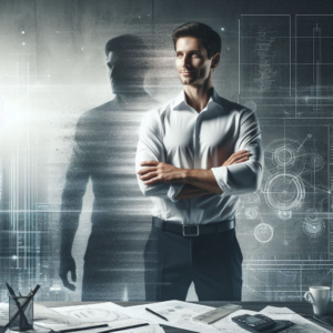 Confident engineer standing in a modern office, breaking through limiting beliefs with the guidance of a coach to build confidence.